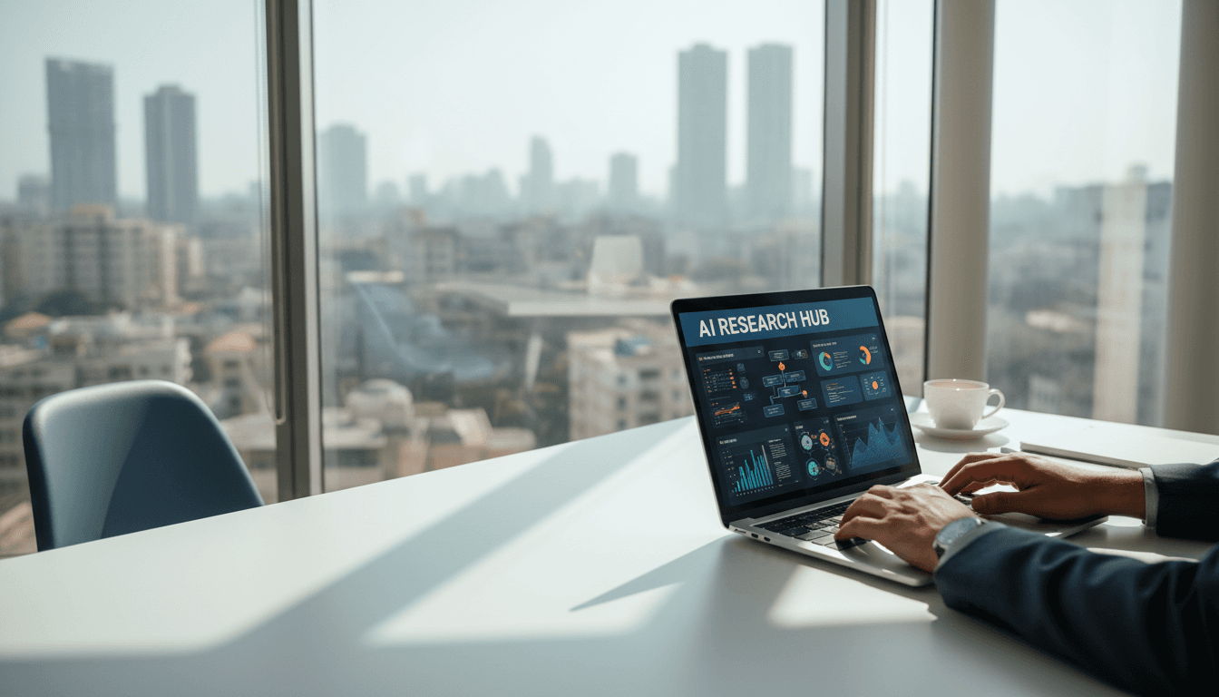 Professional workspace showing AI data analysis with Mumbai skyline in background