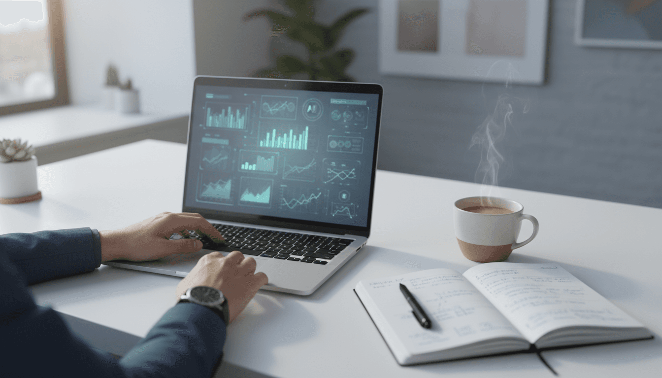AI sourcing professional workspace with data visualization on laptop screen