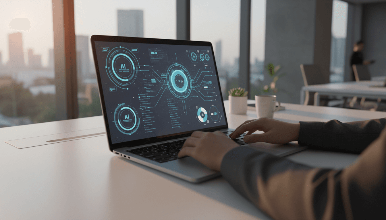 Professional workspace with AI data visualizations on screen
