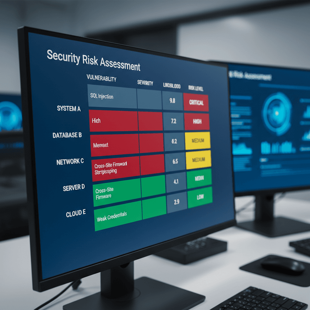 Close-up of vulnerability scanning dashboard displaying color-coded threat assessment results and security metrics on computer screen