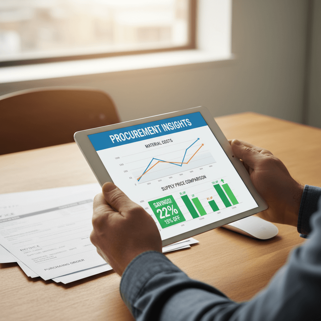 Contractor reviewing real-time price comparison data and cost savings on tablet in bright office workspace