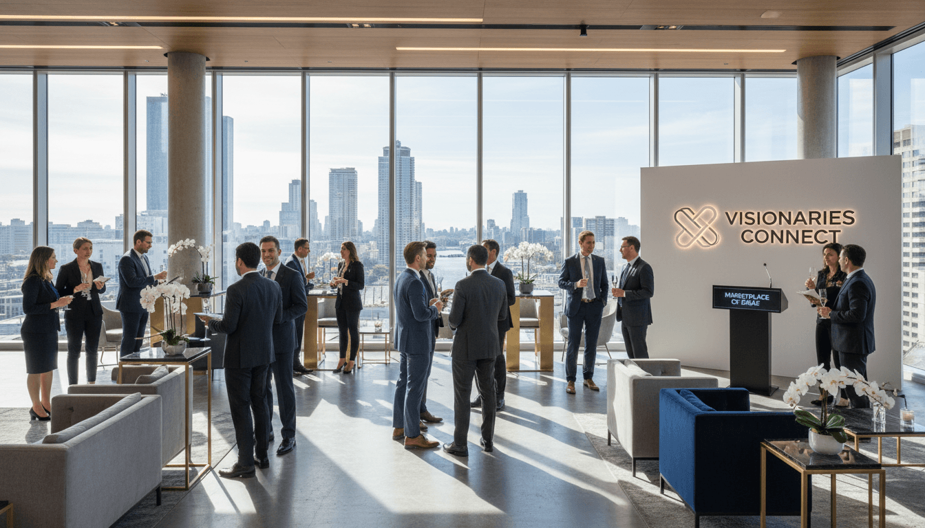 Diverse professionals networking at sophisticated modern event space with city views and contemporary design elements